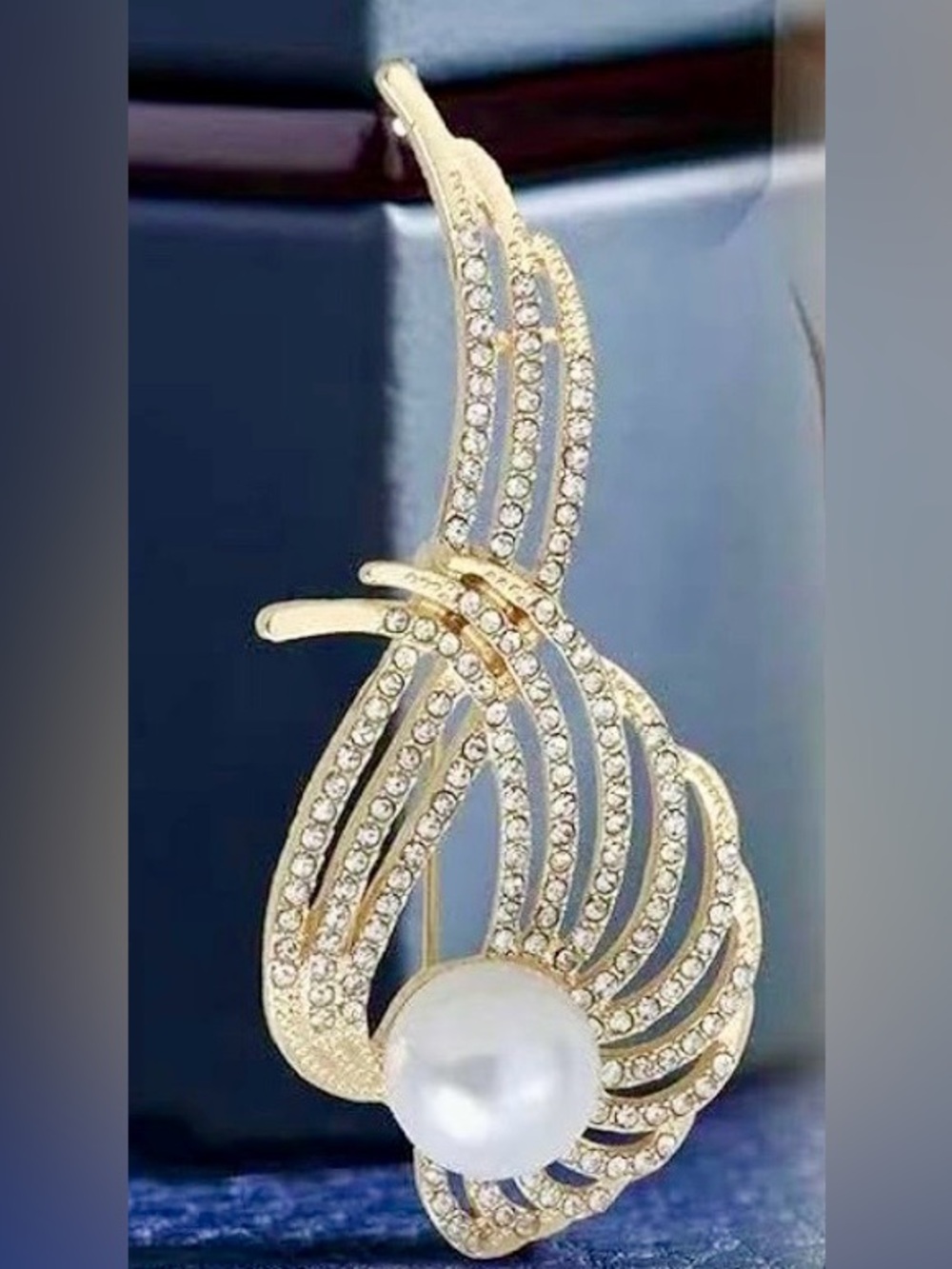 Gold-Tone Crystal & Pearl Drop Brooch Lapel Pin